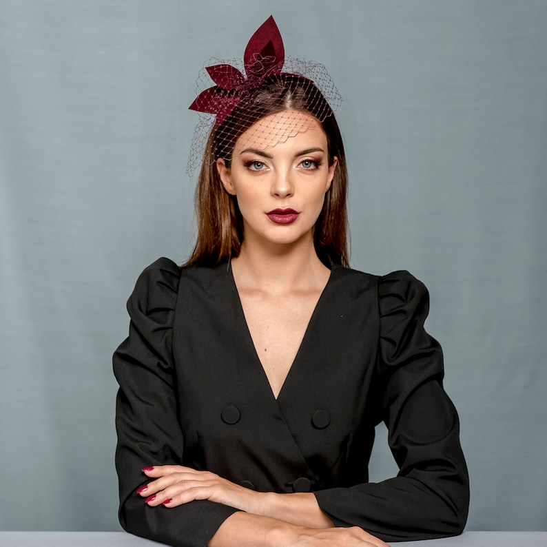 Modern burgundy wool felt headpiece with black veil, chic claret fascinator, vino colour headpiece, big evening headpiece image 1