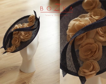 Navy blue saucer hat with hand made silk beige flowers, party hat