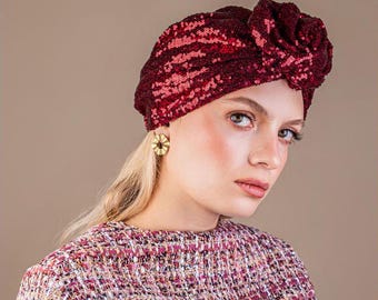 Holiday Party Turban Hat in Christmas Red Sequins - Women display picture 1