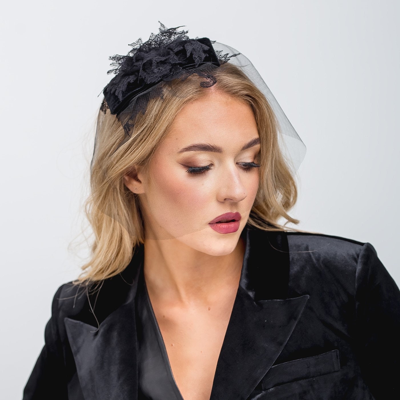 Black Velvet Bow With French Lace and Veil on Face , Blair 