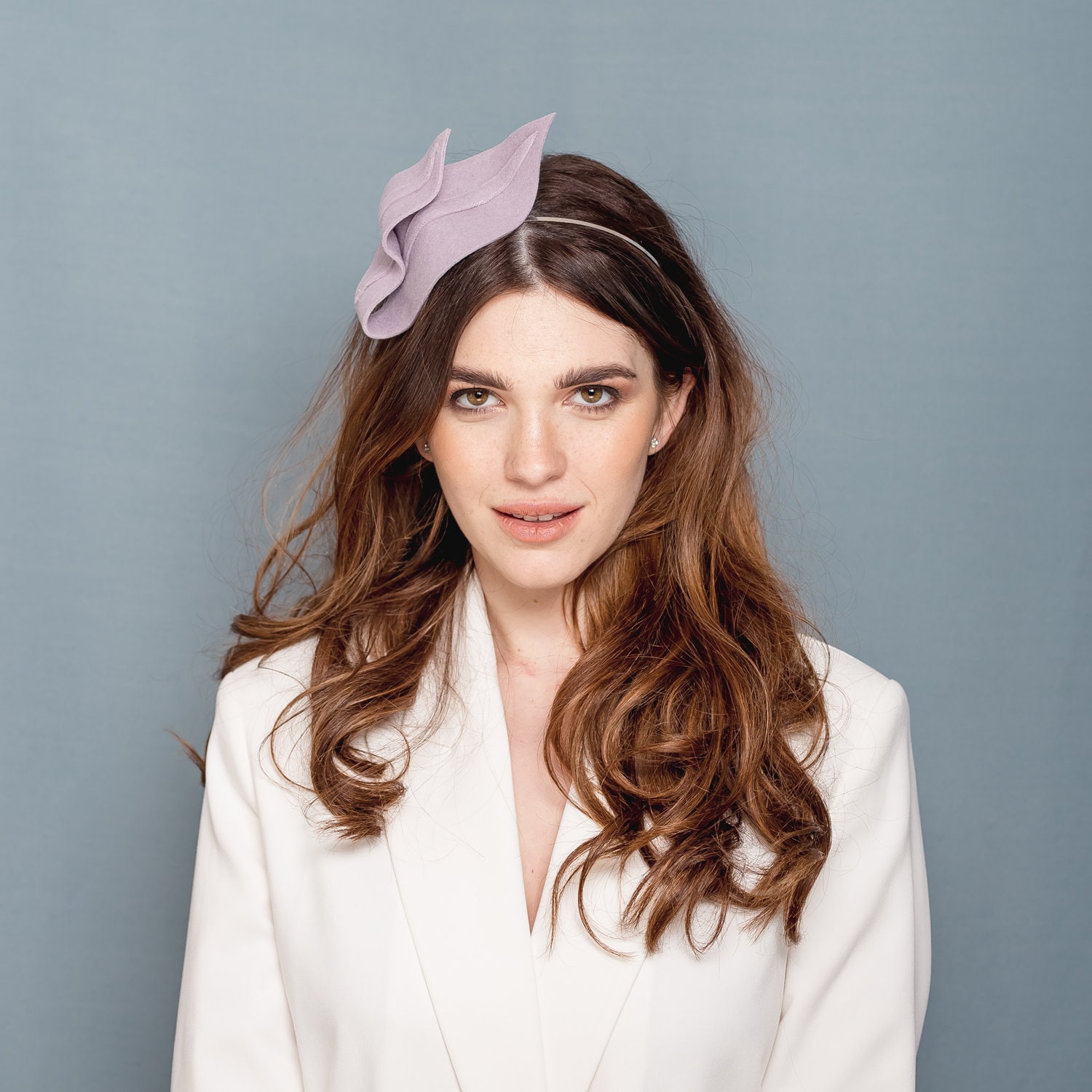 Modern wavy lilac wedding fascinator, pastel lavender fascinator, cocktail headpiece