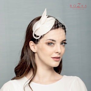 Bridal mini hat with bow and piece of netting, creamy white fascinator, felt white headpiece with merry widow image 2