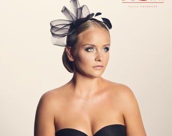 Fascinator made of crin with delicate fethers,chic and simple headpiece, black crin headband with fethers