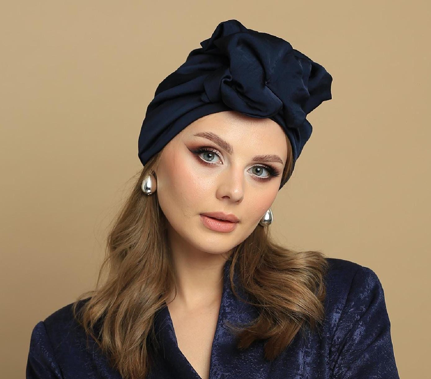 Elegant Navy Blue Satin Turban With Decoration for Women  display picture 2