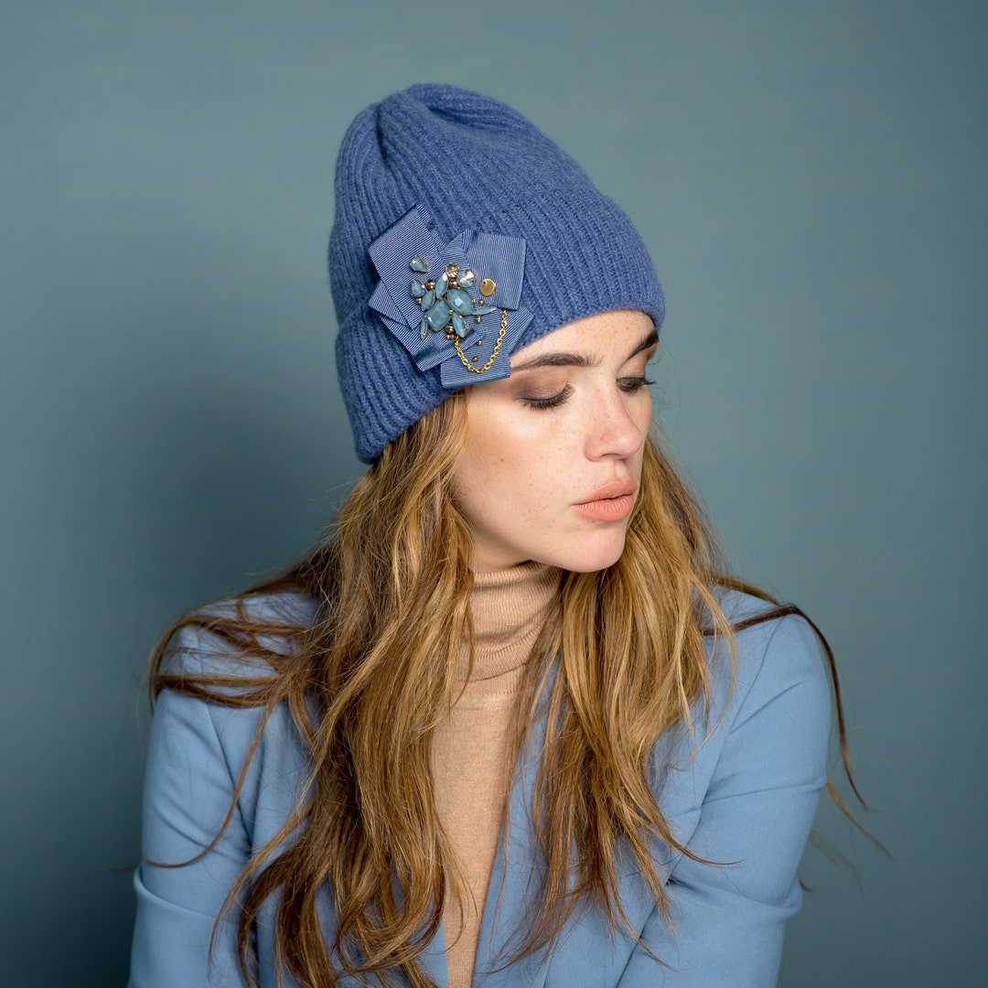 Blue Cashmere Winter Hat, Ultrafine Merino Wool Cap, Women Blue Beanie