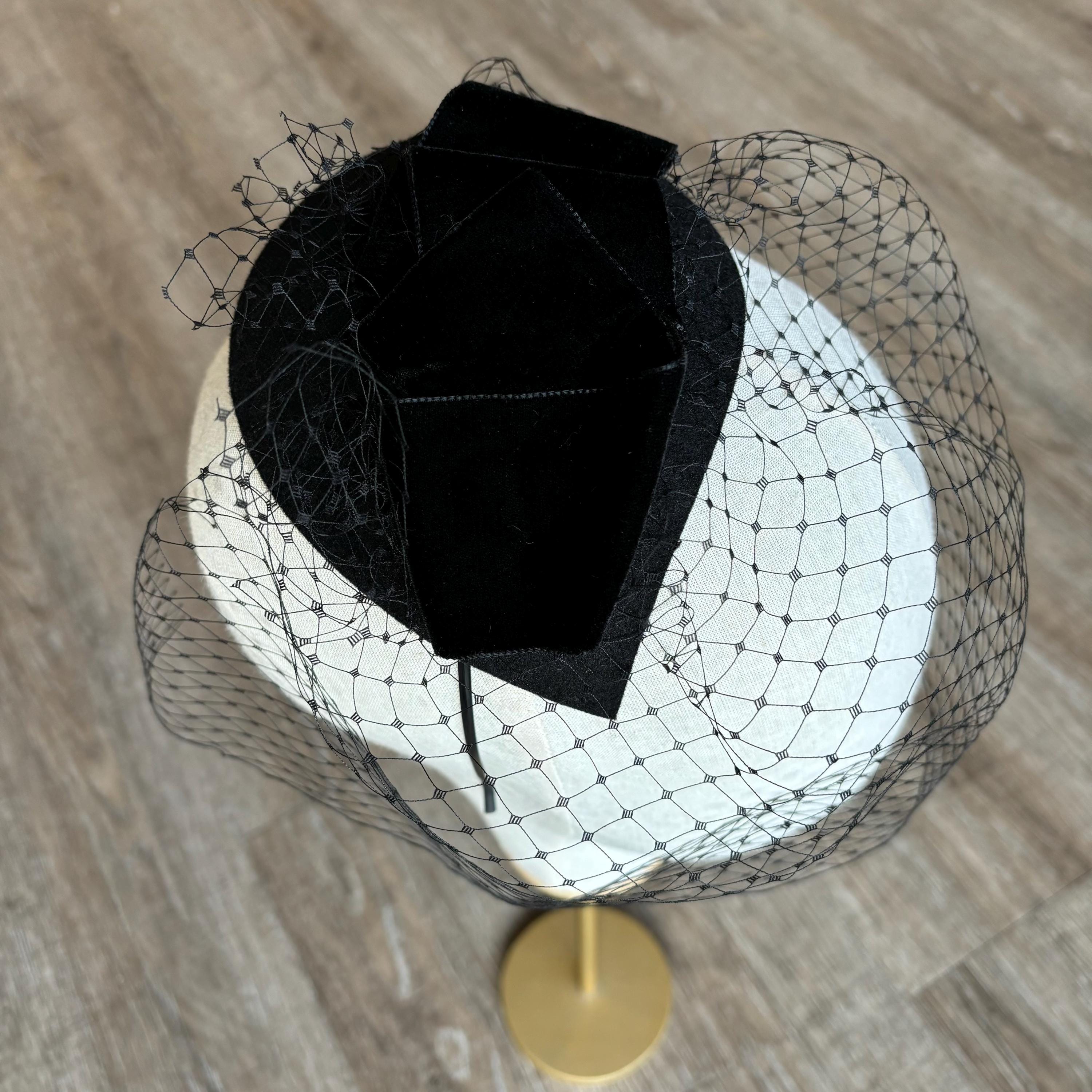 Dressy black felted wool hat large netting bowl & mesh fascinator made in USA Black Felt Hat With Veil - Etsy main image 4