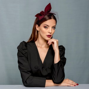 Modern burgundy wool felt headpiece with black veil, chic claret fascinator, vino colour headpiece, big evening headpiece image 2