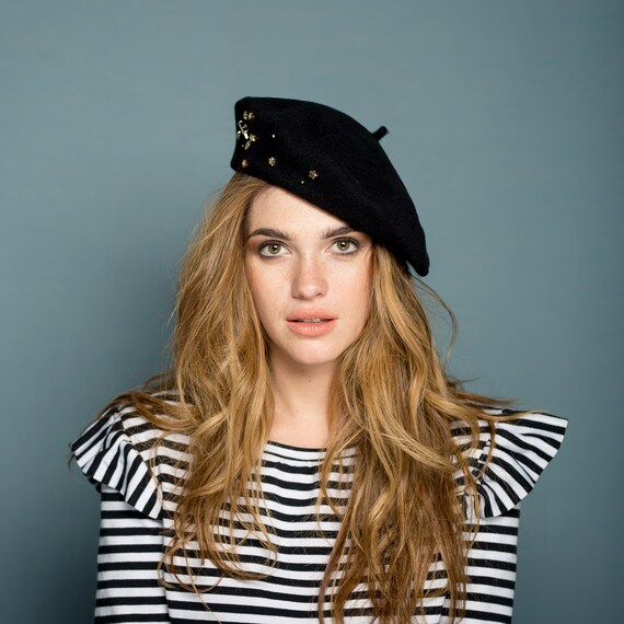 Black Beret With Gold Stars and Hemetite Stones , Black Wool  display picture 2