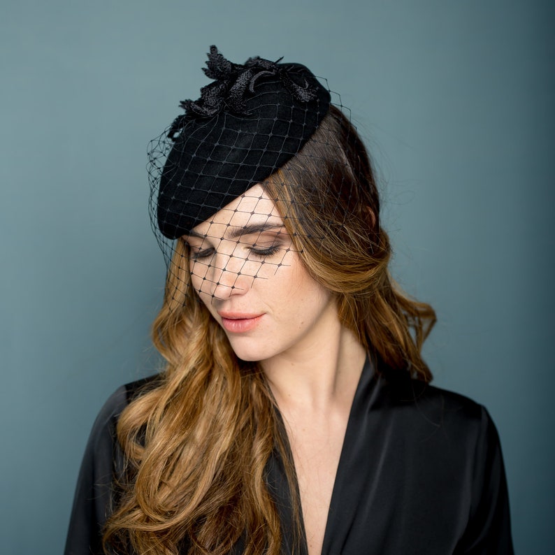 Black felt beret with lace and merry widow, funeral percher hat, black winter cocktail hat with lace leaves and veiling image 2