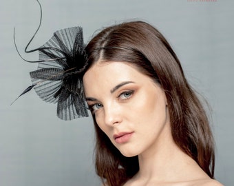 Fascinator made of plated crin with long fethers,chic and simple headpiece, black crin fascinator