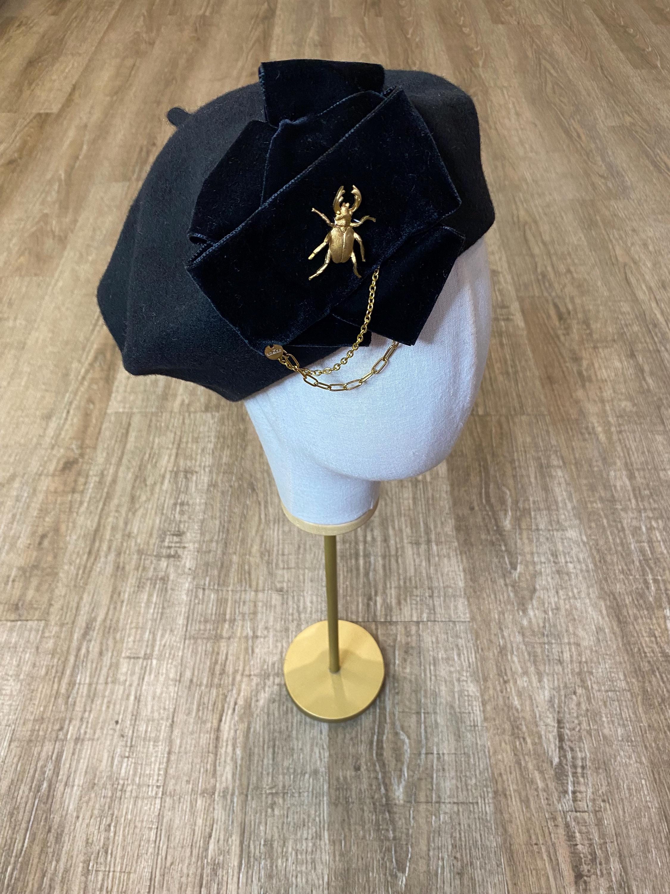 Black Beret With Velevet Bow and Chains, Wool French Beret