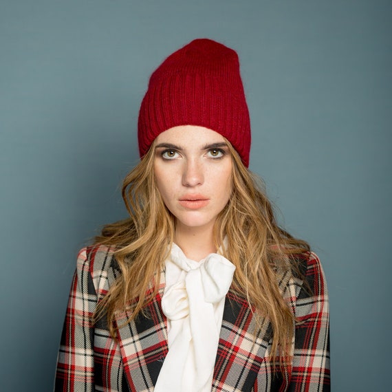 Bonnet d'hiver en laine et mohair rouge rayé pour femme, bonnet à