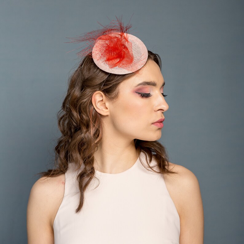 Pink small hat with red modern decoration, powder pink headpiece with red crin and netting, wedding fascinator, derby small hat image 2