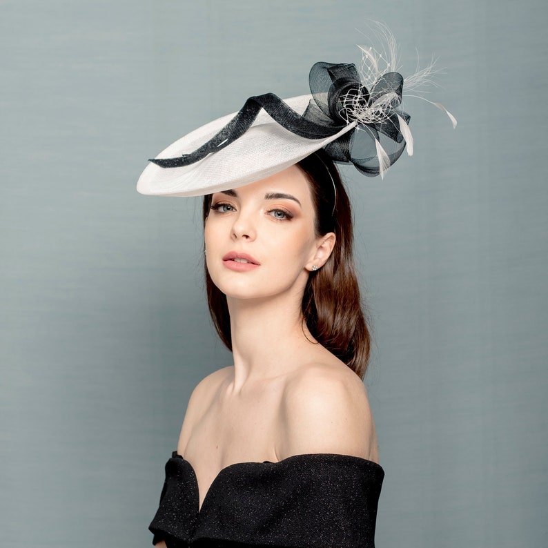 Black nad white saucer hat with hand made crin and feather decoration, classic derby hat, Wedding hat, cocktail hat image 1