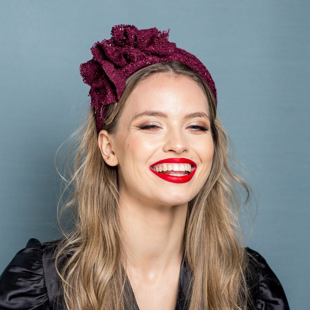 Aubergine Tweed Puffy Headband With Big Bow, Cocktail Alice Band, Vino ...