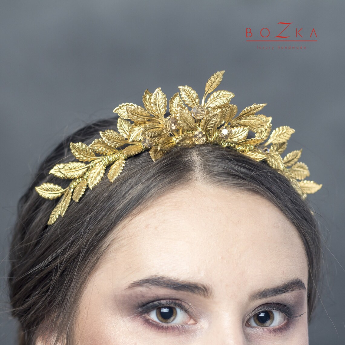 Gold Tiara With Beige Rhinestones Gold Leafs Headband Bridal Etsy — free download
