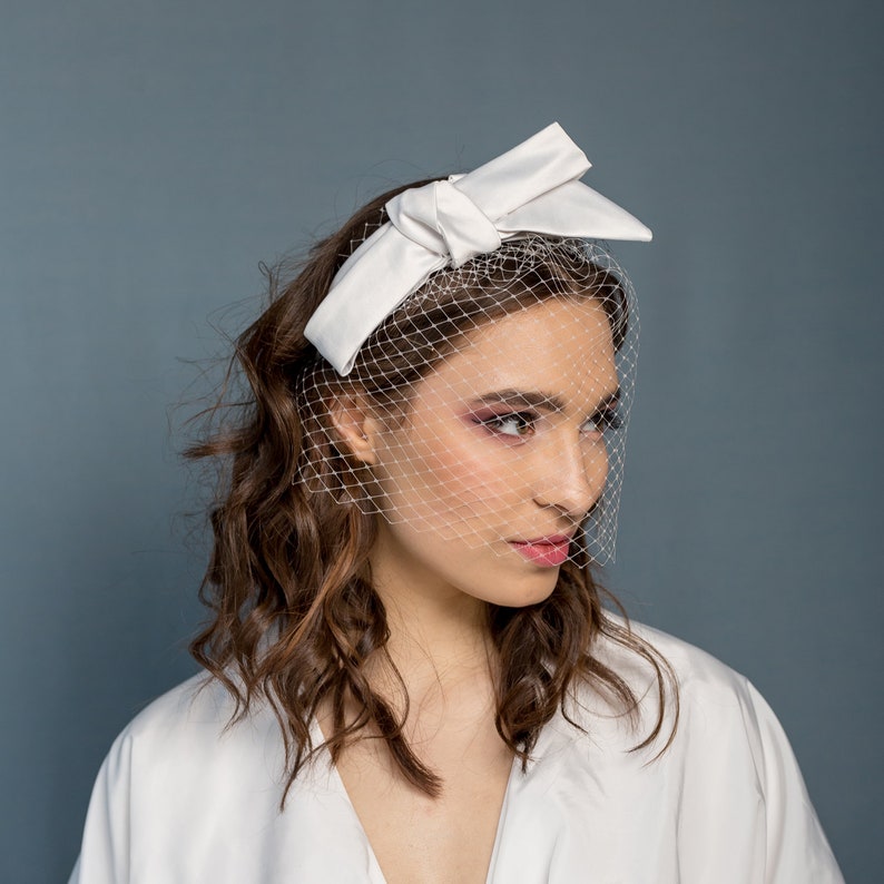 Wedding satin headband with big bow separately veiling, crazy bridal ivory headband, bridal headbow and netting image 3