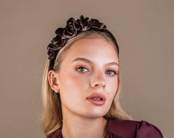Taupe velvet puffy headband with decoration, taupe colour alice band, padded handmade headband, festive, party, goingoutheadband