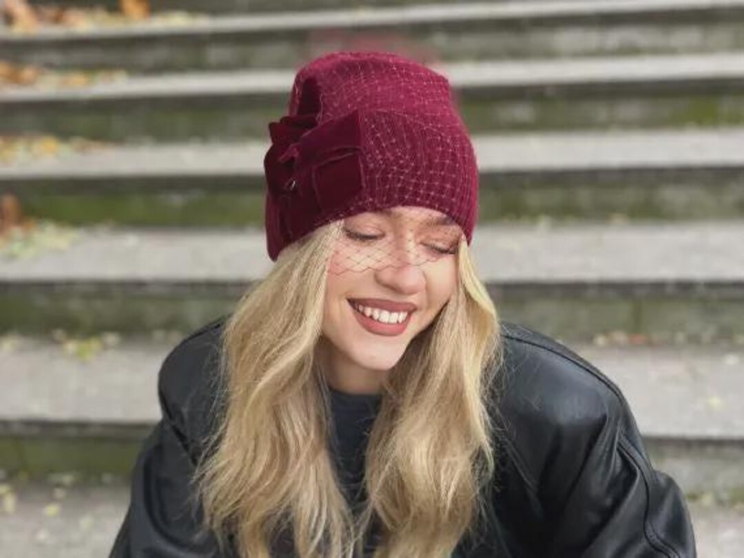 Elegant Burgundy Wool Hat with Bow Amazon.com: Women Fall Summer Winter Wool Vintage Felt  main image 3