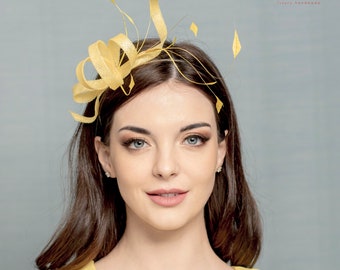 Modern fascinator , yellow fascinator, serpentine shape fascinator with feathers, swirly yellow feather fascinator