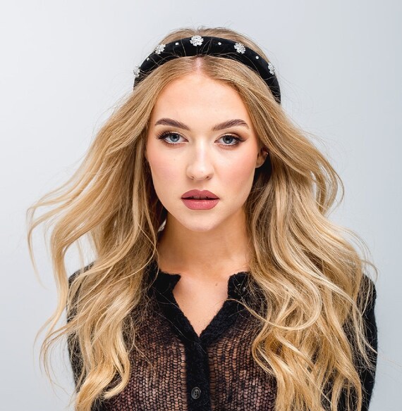 Black velvet puffy headband with shiny crystal elements alice band festive party going out headband