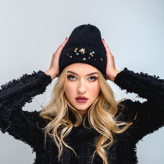 Black Cashmere Winter Hat With Golden Stars Leafs and Pearly 