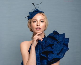 Extravagant blue headpiece in teadrop shape, royal blue felt fascinator with long feather and bow , small blu cocktail hat wih feather