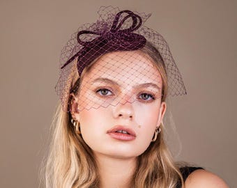 Burgundy wool felt fascinator with bow and netting, bordo cocktail  pillbox hat, wool felt cocktail hat, race fascinator
