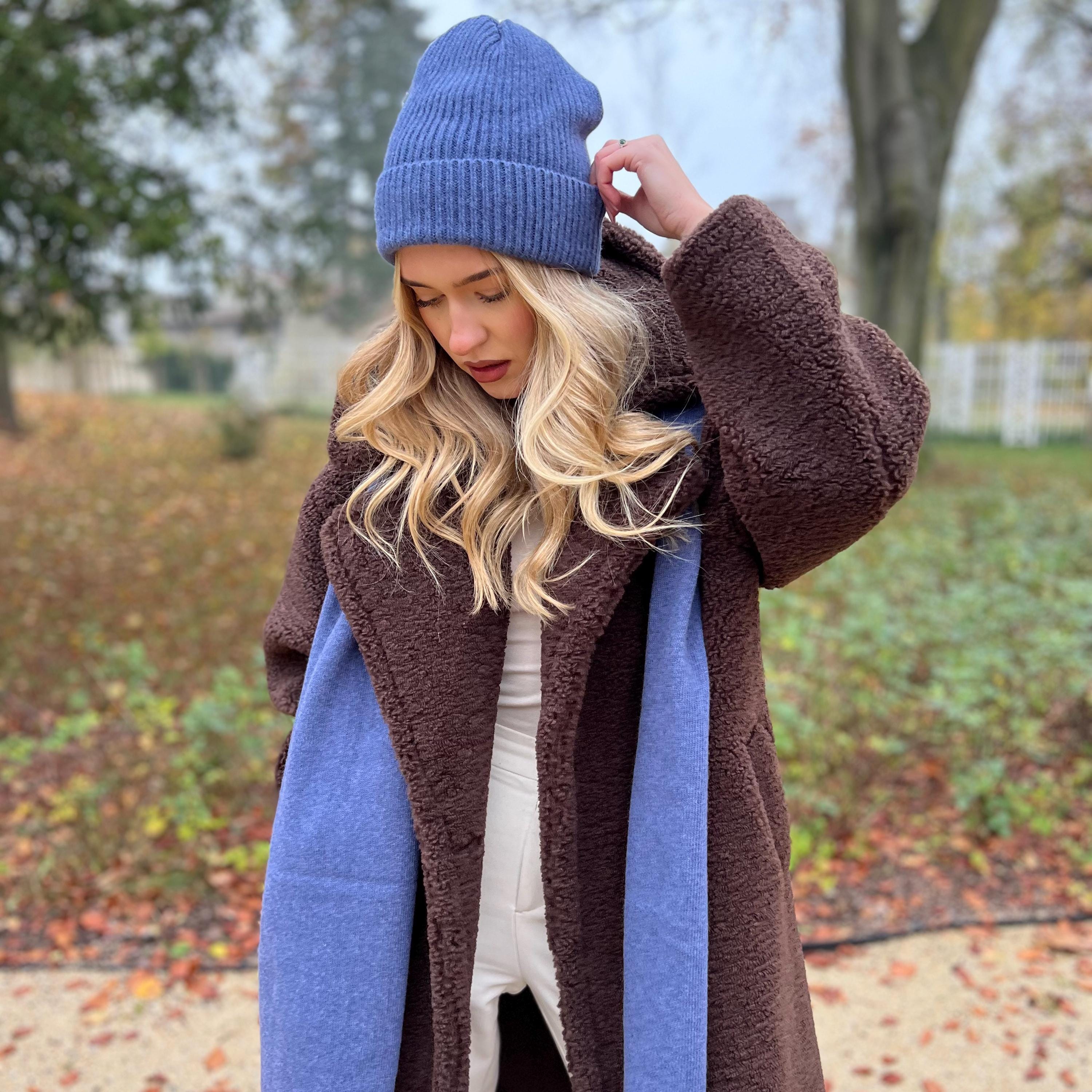 Damen Schal Mütze Set Hellblau - Plaid Schal 65x180cm Nachahmung Kaschmir Winter