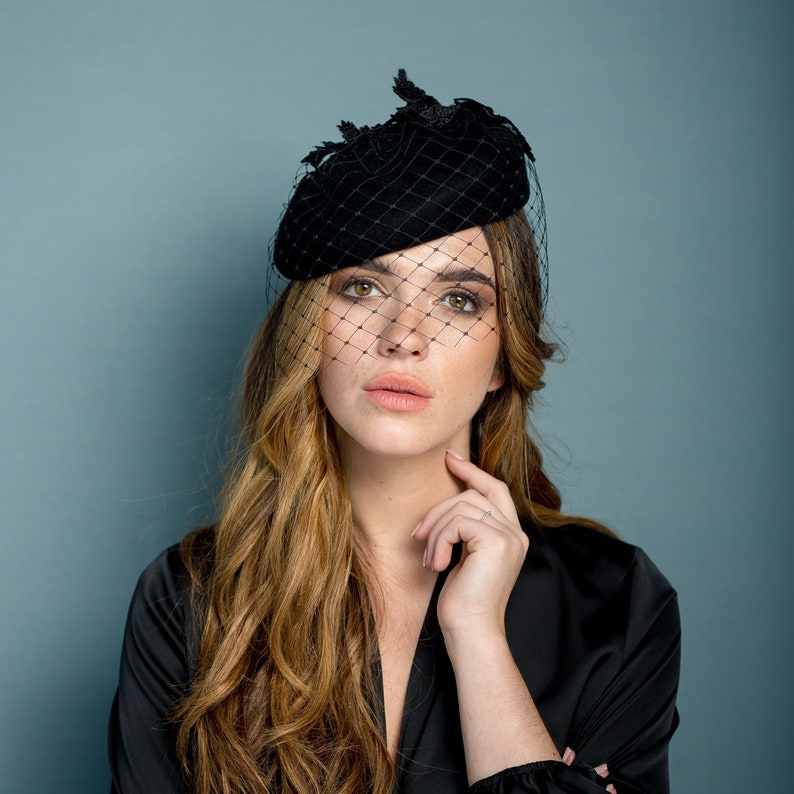 Black felt beret with lace and merry widow, funeral percher hat, black winter cocktail hat with lace leaves and veiling image 1