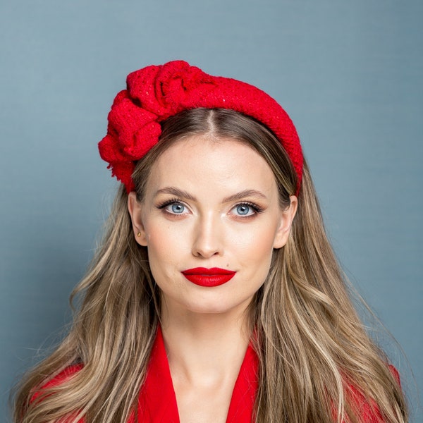 Red tweed puffy headband with bow, cocktail alice band, red moon headband with decoration, festive, christmas headband