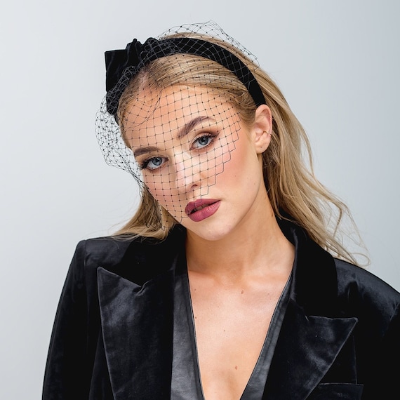 Black Velvet Puffy Headband With Veiling ,alice Band, Padded  display picture 2
