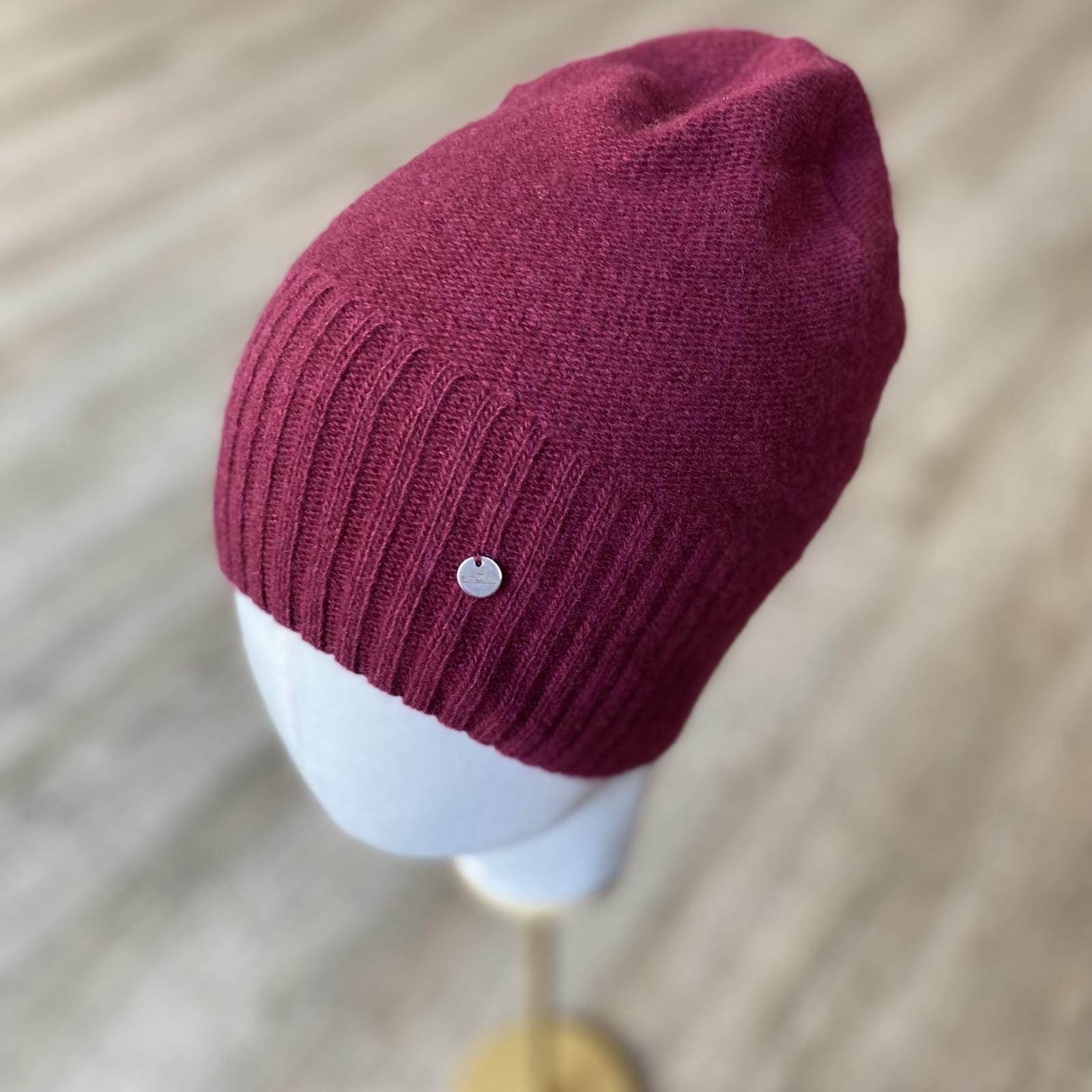 Burgundy Cashmere Winter Hat, Ultrafine Merino Wool Cap 