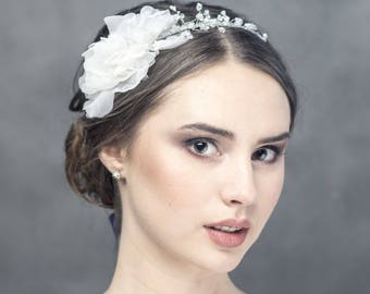 Wedding silver headband with silk flower and Swarovski rhinestones, Bridal flower with crystals tiara , bridal floral headband