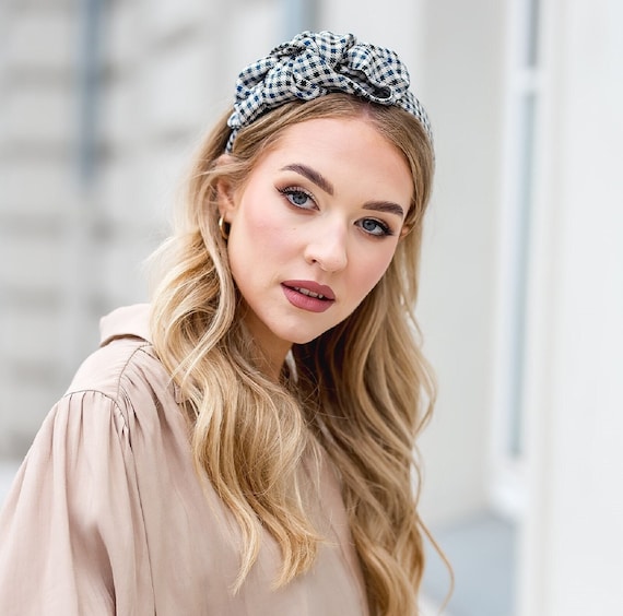 Navy Blue and Beige Headband With a Bow, Popelin Handmade Headband