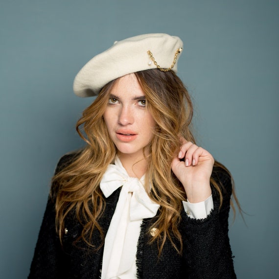 Chic Pearl-Embellished Cream Beret Pearl Embellished Beret Hat – Eva Franco main image 3