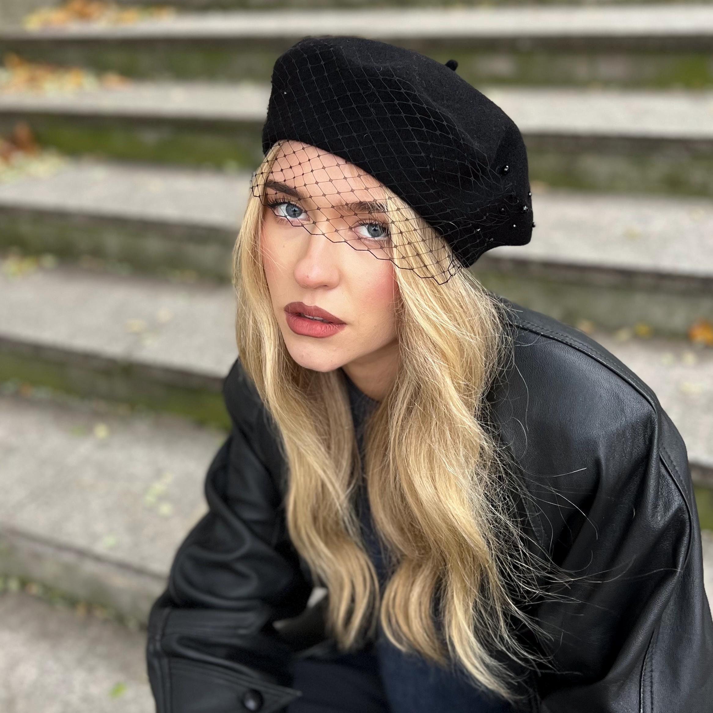 Black Beret With Veiling and Crystal Beads , Black Wool Winter