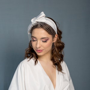 Wedding satin headband with big bow separately veiling, crazy bridal ivory headband, bridal headbow and netting image 2