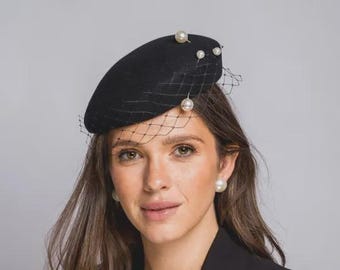 Black Pillbox Hat With Birdcage Fascinator Veil Black Wool  display picture 2
