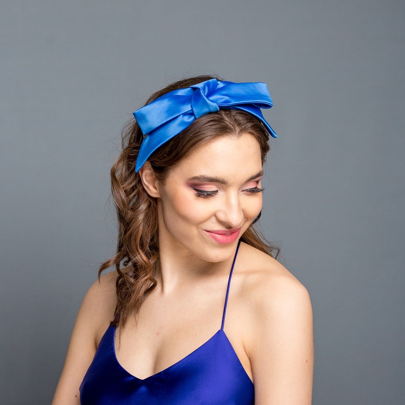 Cobalt blue satin headband with symmetric bow, cocktail alice band, elegant headband bow, cocktail handmade headband, wedding headband image 3