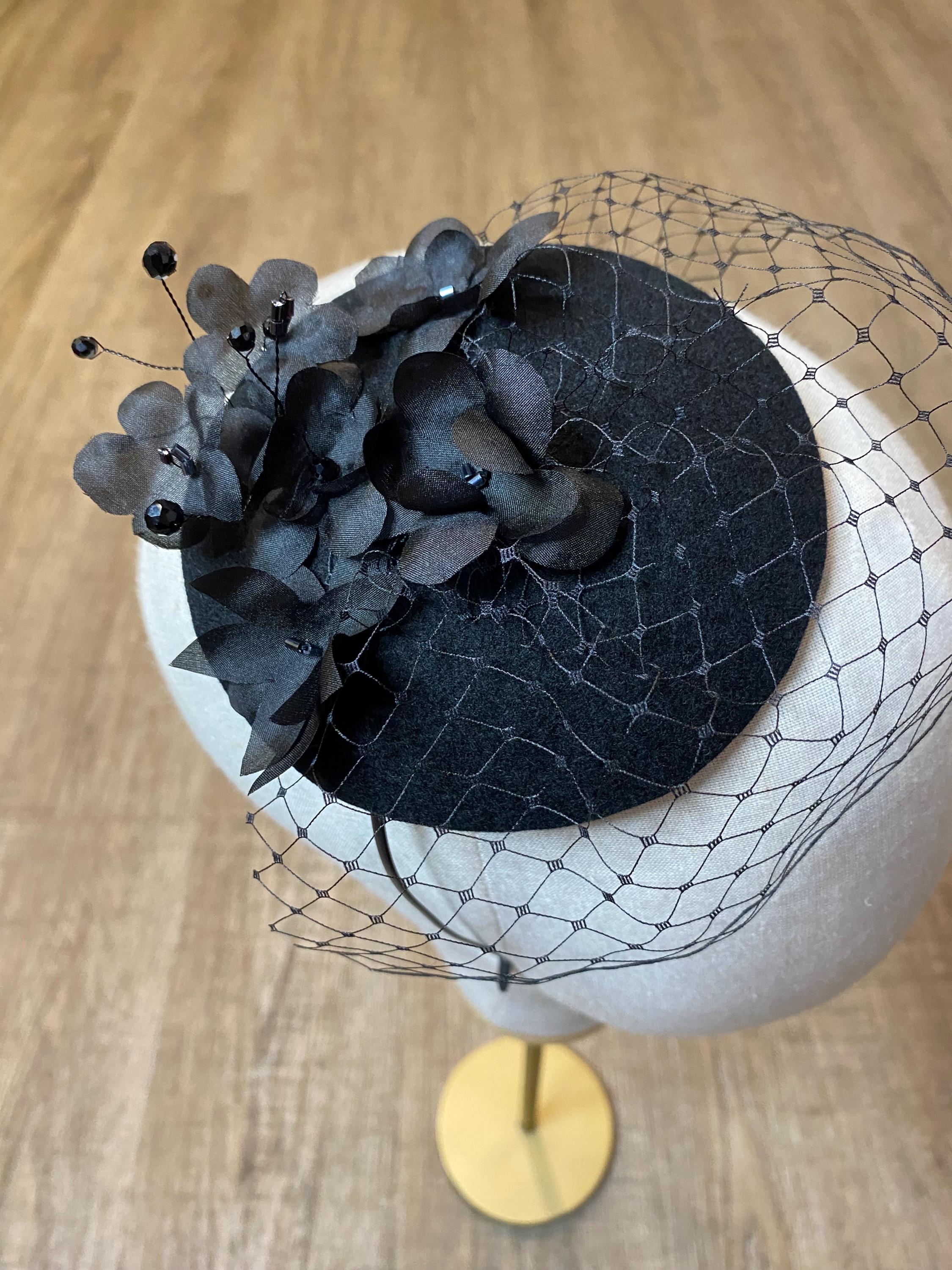 Black Fascinator With Handmade Silk Flowers and Netting  display picture 2