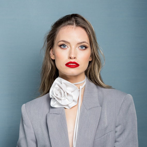 Creamy White Flower Choker, Satin Rose Choker, Necklace, Modern