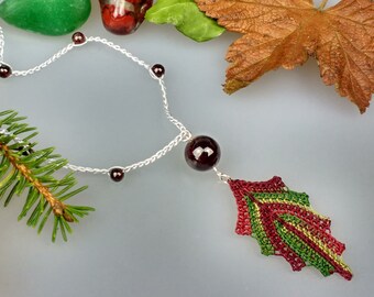 January Birthstone Necklace, Garnet Pendant, Autumn Leaf, Birthday Gift, Leaf Pendant, Autumn Colours, Woodland Jewellery, Crochet Jewellery