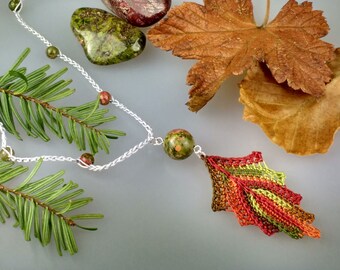 Autumn Leaf Pendant, Crochet Necklace, Fall Leaf Jewelry, Forest Jewellery, Fall Colors, Nature Inspired, Autumn Leaves, Leaf Necklace