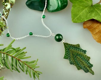 Green Leaf Pendant, Forest Green, Green Necklace, Crochet Necklace, Plant Lover Gift, Woodland Jewellery, Folk Jewellery, Leaf Jewellery