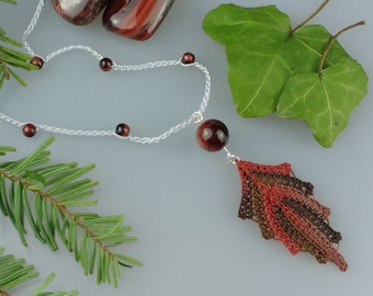 Brown Leaf Necklace, Tiger Eye Necklace, Autumn Leaf Pendant, Nature Necklace, Crochet Leaves, Handmade, Crochet Jewellery, Forest Pendant