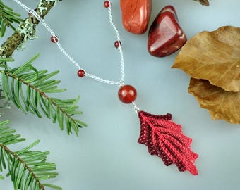 Red Leaf Pendant, Leaf Necklace, Crochet Leaf, Forest Pendant, Handmade Jewellery, Nature Jewellery, July Birthstone, Red Necklace, Unique