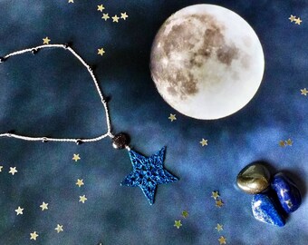 Hand Crocheted Star Pendant Microcrochet Necklace Blue Goldstone Sterling Silver Cotton Dark Night Natural Nature Inspired Space Stargazing
