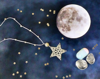 Hand Crocheted Star Pendant Microcrochet Necklace Grey Labradorite SterlingSilver Cotton Dark Night Natural Nature Inspired Space Stargazing