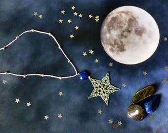 Hand Crocheted Star Pendant Microcrochet Necklace Rainbow Lapis Lazuli Sterling Silver Cotton Night Natural Nature Inspired Space Stargazing